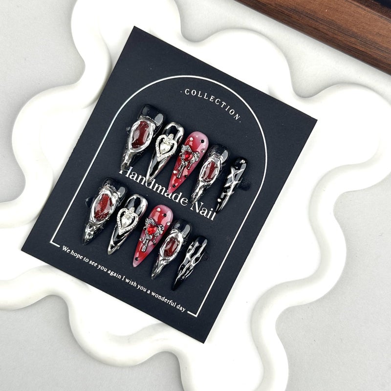 Sevgob 100% 5D Handmade Press on Nails with Heart Charms Long Stiletto Nails Press ons- Balck False Nails Ombre Red Press on Nails Halloween Fake Nails for Women Girls Daily Wear DIY Manicure Size M - Image 3